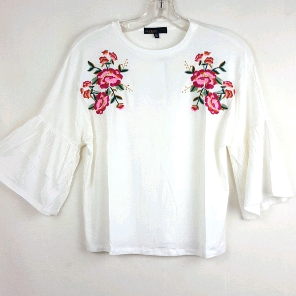 New Weavers Boho White Floral Embroidered Top Sz S